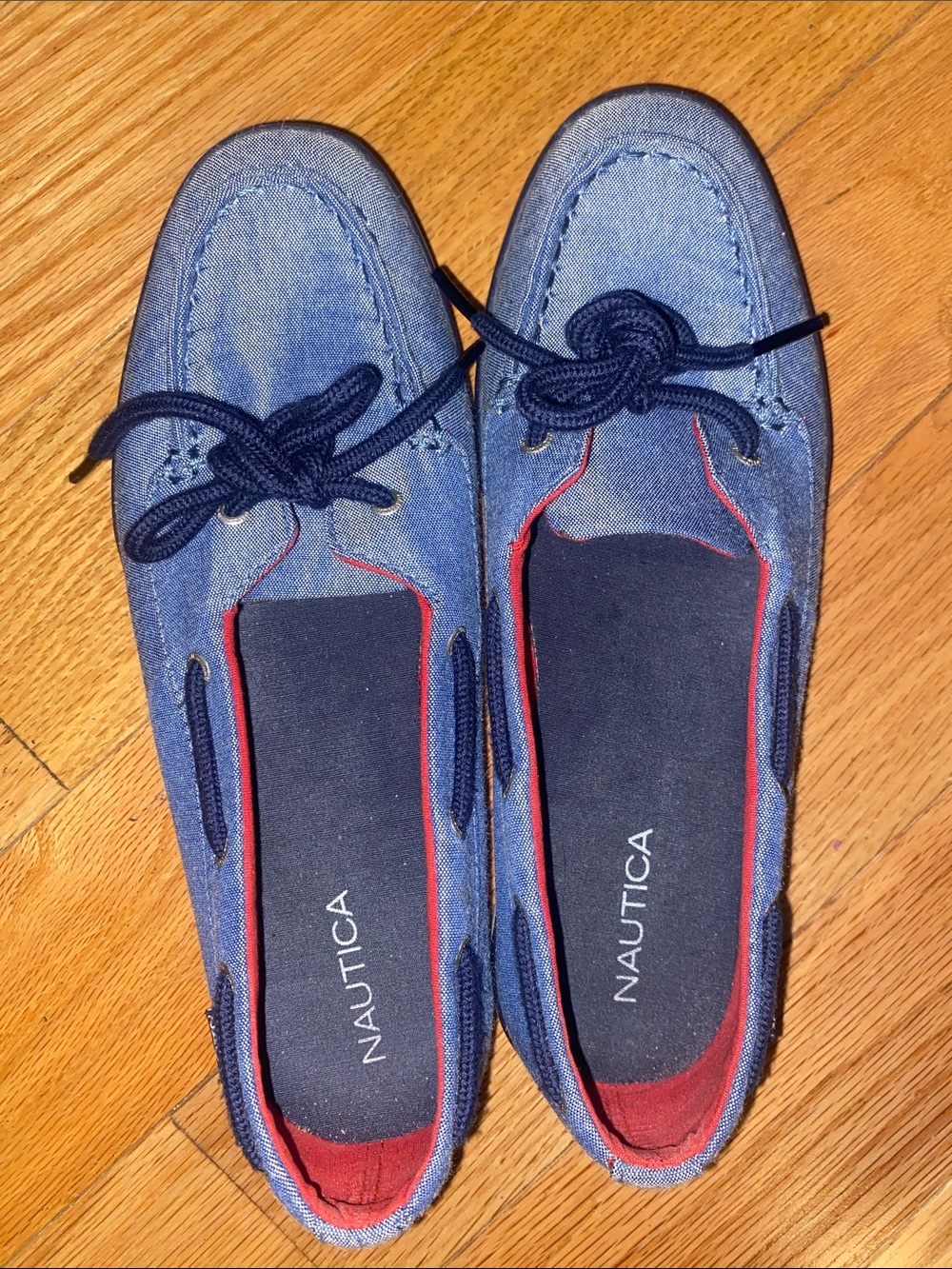 Nautica Blue Canvas Slip-On Boat Flats with Navy Laces and Red Lining